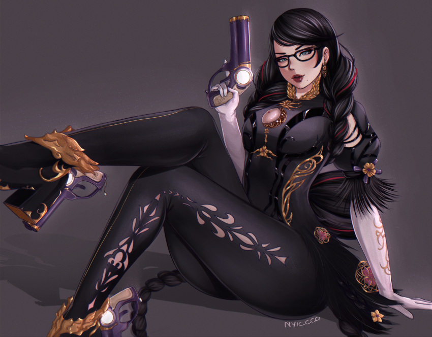 1girl, absurdres, artist_name, bayonetta, bayonetta_(series), bayonetta_3, black_hair, blue_eyes, braid, breasts, earrings, elbow_gloves, flower, full_body, glasses, gloves, grey_background, gun, hair_flower, hair_ornament, high_heels, highres, holding, holding_gun, holding_weapon, jewelry, lipstick, long_hair, looking_at_viewer, makeup, mature_female, medium_breasts, mole, mole_under_mouth, multiple_braids, nyiccco, puffy_short_sleeves, puffy_sleeves, short_sleeves, sitting, solo, trigger_discipline, very_long_hair, weapon, white_gloves
