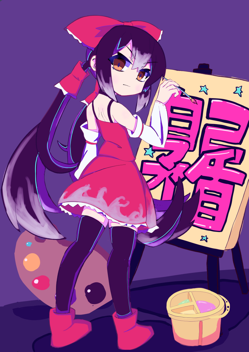 1girl, absurdres, bangs, black_hair, black_legwear, bow, brown_eyes, choker, commentary, cookie_(touhou), detached_sleeves, easel, eyebrows_visible_through_hair, full_body, hair_between_eyes, hair_bow, hakurei_reimu, highres, holding, holding_paintbrush, hu_ku_be, long_hair, looking_at_viewer, looking_back, paint_can, paintbrush, painting_(object), palette_(object), red_bow, red_footwear, red_shirt, red_skirt, shirt, shoes, sidelocks, skirt, solo, thigh-highs, touhou, very_long_hair, white_sleeves, yuyusu_(cookie)