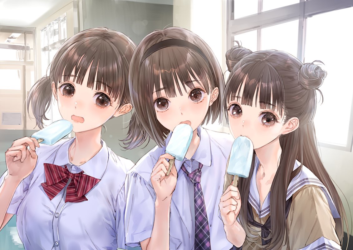 3girls, bangs, black_hairband, blue_reflection, blue_reflection_tie, blunt_bangs, bow, bowtie