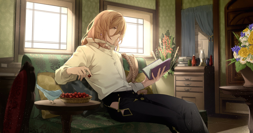 1boy, bird, braid, brown_eyes, brown_hair, ear_piercing, feb_itk, flower
