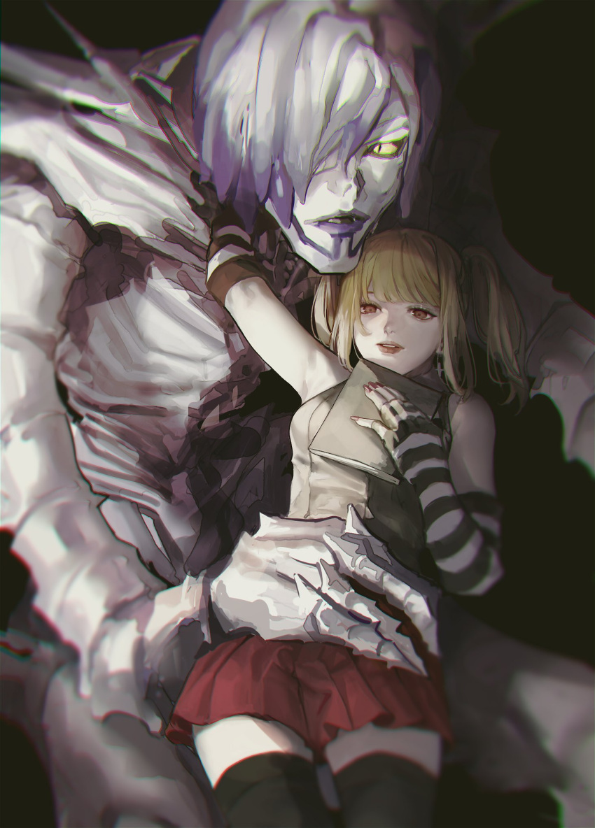 2girls, amane_misa, bangs, black_background, black_legwear, black_shirt, blonde_hair, blurry