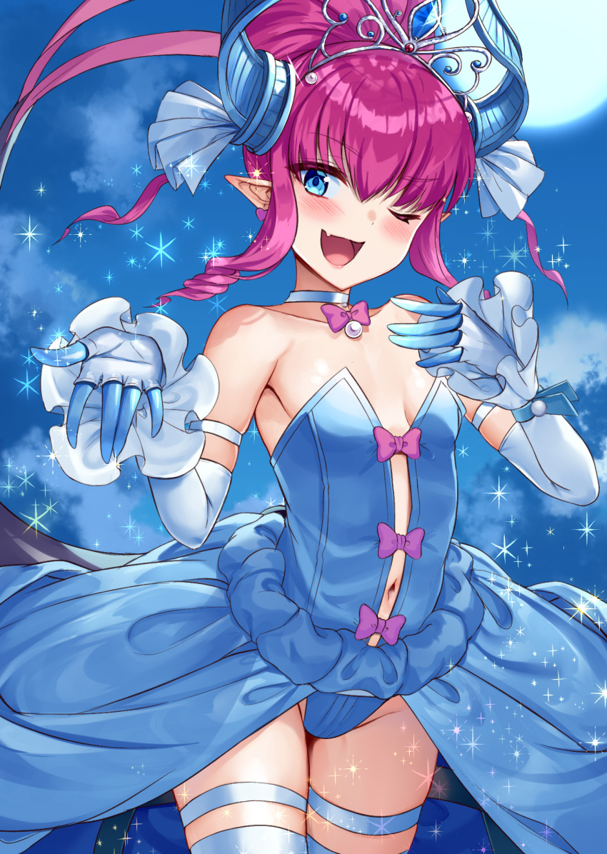 1girl, ;d, arm_strap, bangs, bare_shoulders, blue_eyes, blue_gloves, blue_legwear