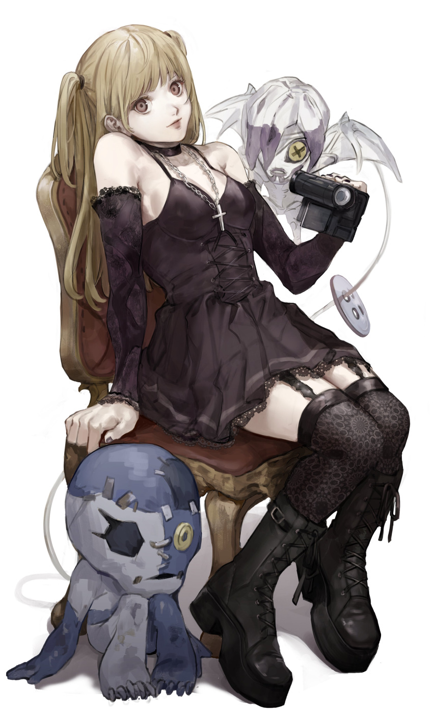 1girl, absurdres, amane_misa, bare_shoulders, black_choker, black_dress, black_footwear, black_legwear