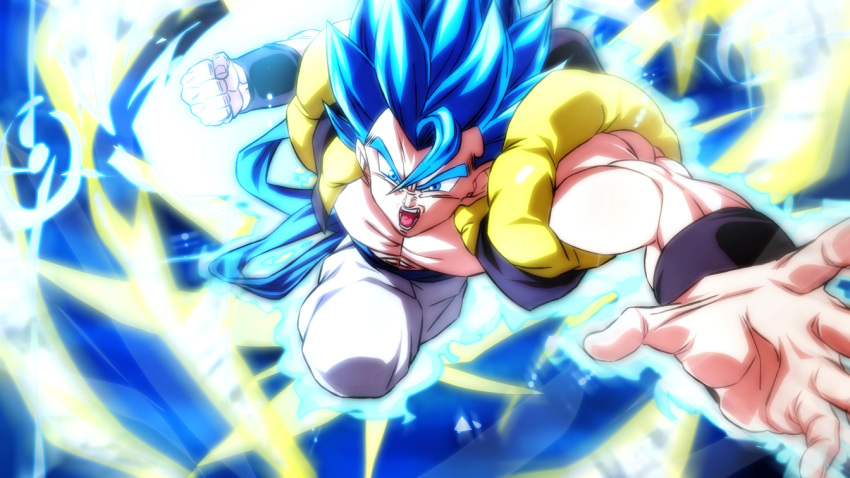 1boy, blue_eyes, blue_hair, blue_sash, dragon_ball, dragon_ball_super, gogeta, incoming_attack