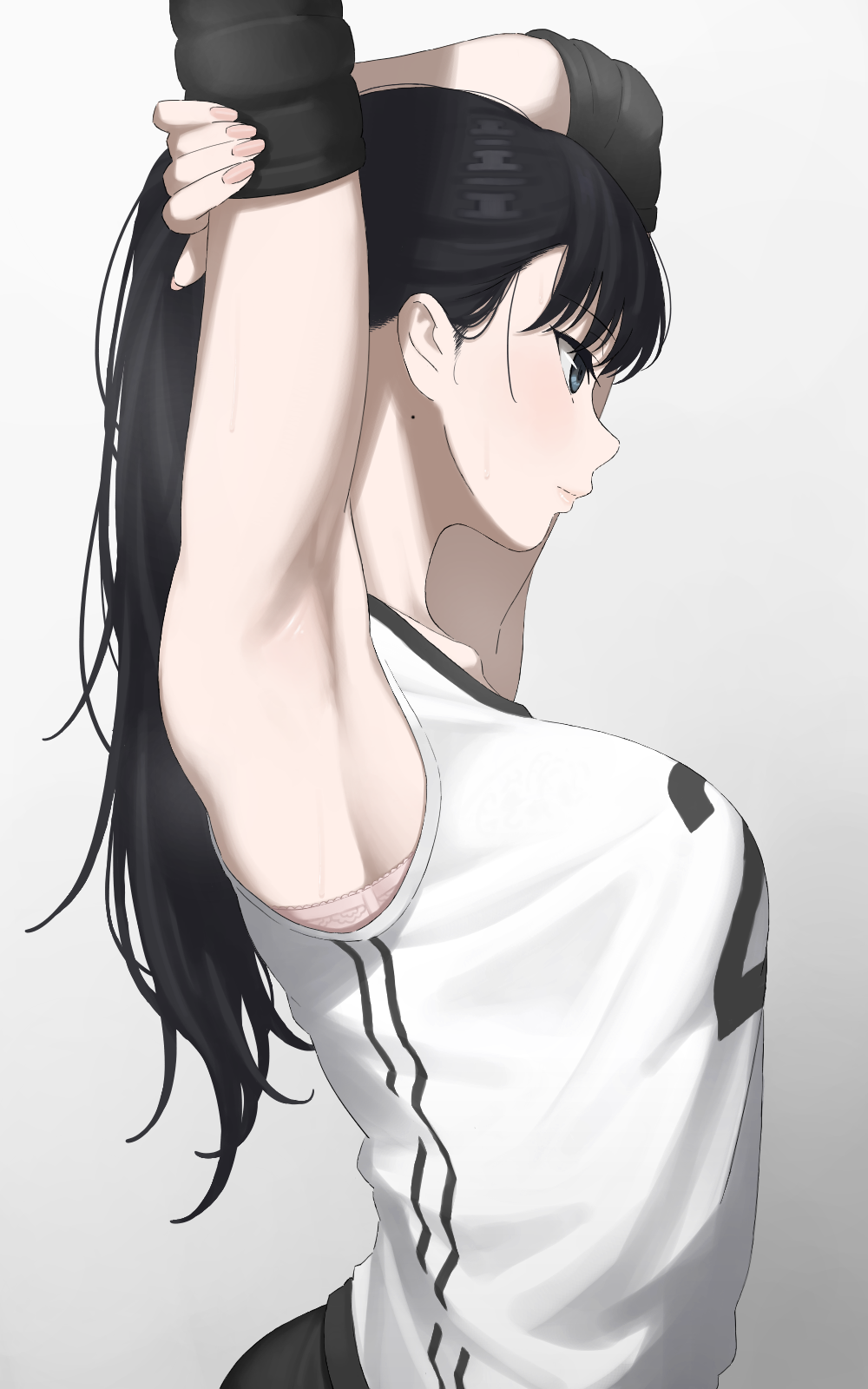 1girl, armpits, arms_up, bangs, black_hair, black_shorts, blue_eyes, bra, bra_peek, breasts, closed_mouth, commentary_request, elbow_pads, expressionless, grey_background, gym_shirt, highres, kaminari_doon, long_hair, medium_breasts, mole, original, pink_bra, ponytail, profile, shirt, shorts, simple_background, sleeveless, sleeveless_shirt, solo, underwear, white_shirt