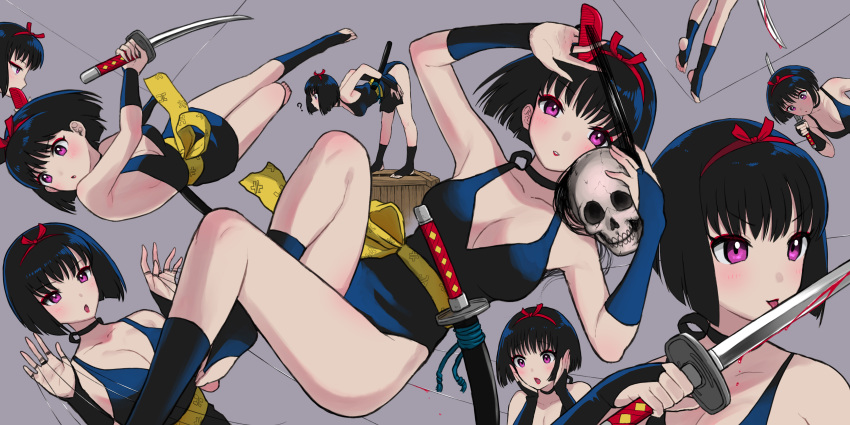 1girl, absurdres, armpits, black_hair, blood, blood_on_weapon, blush, bob_cut