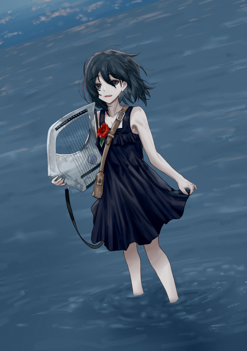1girl, anita_(arknights), arknights, bag, bangs, bare_shoulders, black_dress, black_hair
