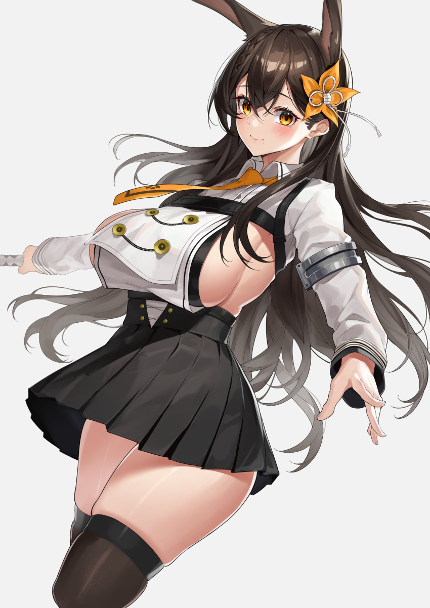1girl, absurdres, animal_ears, azur_lane, black_hair, black_legwear, blush, breasts
