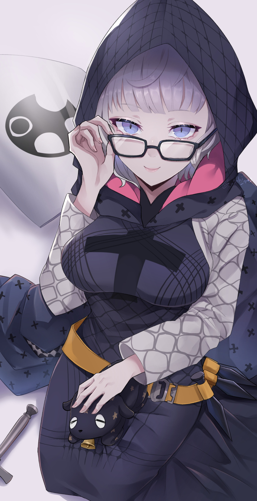 1girl, absurdres, bangs, black-framed_eyewear, black_dress, blue_eyes, dress, eyebrows_visible_through_hair, fate/grand_order, fate_(series), glasses, grey_hair, highres, hooded_dress, jacques_de_molay_(foreigner)_(fate), kubomi_943, long_sleeves, looking_at_viewer, seiza, shield, short_hair, simple_background, sitting, smile, sword, weapon