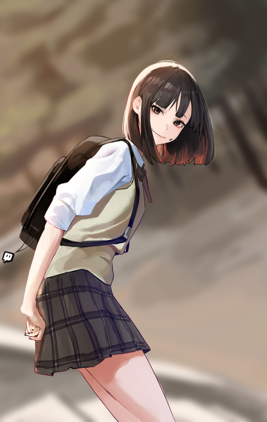 1girl, absurdres, arms_behind_back, backpack, bag, bangs, black_hair, black_skirt, blunt_bangs, blurry, blurry_background, bob_cut, brown_eyes, brown_vest, checkered, checkered_skirt, closed_mouth, facial_mark, from_side, highres, looking_at_viewer, looking_to_the_side, mac_star, miniskirt, original, own_hands_together, shirt, short_hair, skirt, smile, solo, standing, star_(symbol), star_facial_mark, twitch_logo, vest, white_shirt