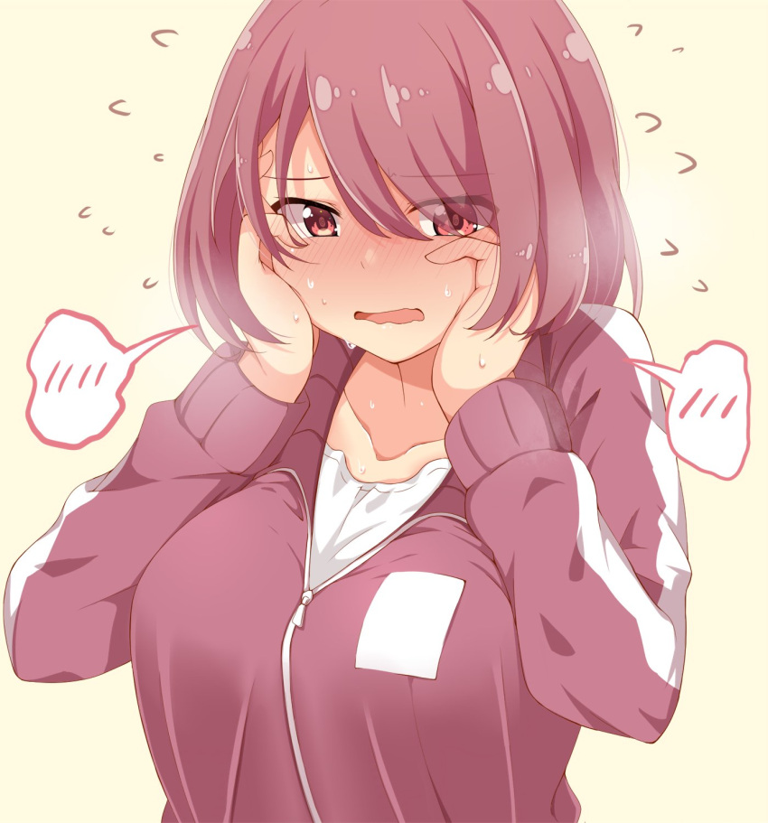 1girl, bangs, blush, breasts, commentary_request, dou-t, eyebrows_visible_through_hair, full-face_blush, hair_over_one_eye, highres, hoshino_miyako_(wataten), jacket, large_breasts, open_mouth, red_eyes, red_jacket, shirt, short_hair, simple_background, solo, sweat, track_jacket, track_suit, watashi_ni_tenshi_ga_maiorita!, white_shirt