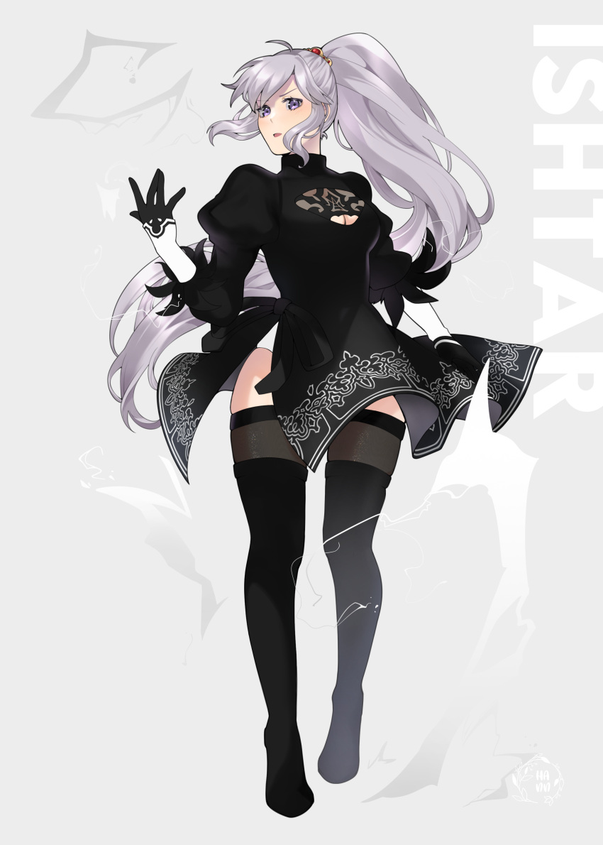 1girl, absurdres, alternate_costume, artist_name, boots, commission, commissioner_upload, cosplay, fire_emblem, fire_emblem:_genealogy_of_the_holy_war, gloves, hair_ornament, hand_up, hannreina, highres, ishtar_(fire_emblem), jewelry, long_hair, looking_at_viewer, nier_(series), nier_automata, open_mouth, ponytail, purple_hair, simple_background, solo, thigh-highs, violet_eyes, watermark, yorha_no._2_type_b