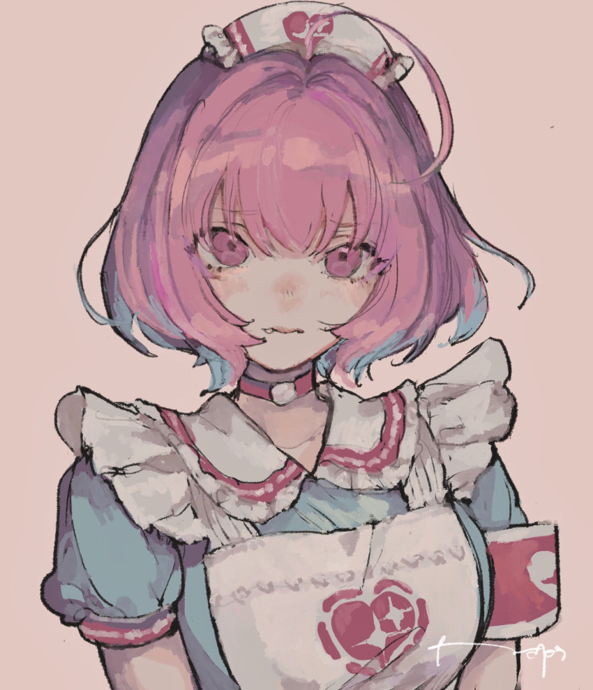 1girl, ahoge, apron, armband, bangs, blue_dress, blue_hair, collar, commentary, dadadadadaist, dress, hat, heart, highres, idolmaster, idolmaster_cinderella_girls, looking_at_viewer, multicolored_hair, nurse, nurse_cap, pink_background, pink_collar, pink_eyes, pink_hair, short_sleeves, signature, simple_background, solo, symbol-only_commentary, two-tone_hair, upper_body, yumemi_riamu