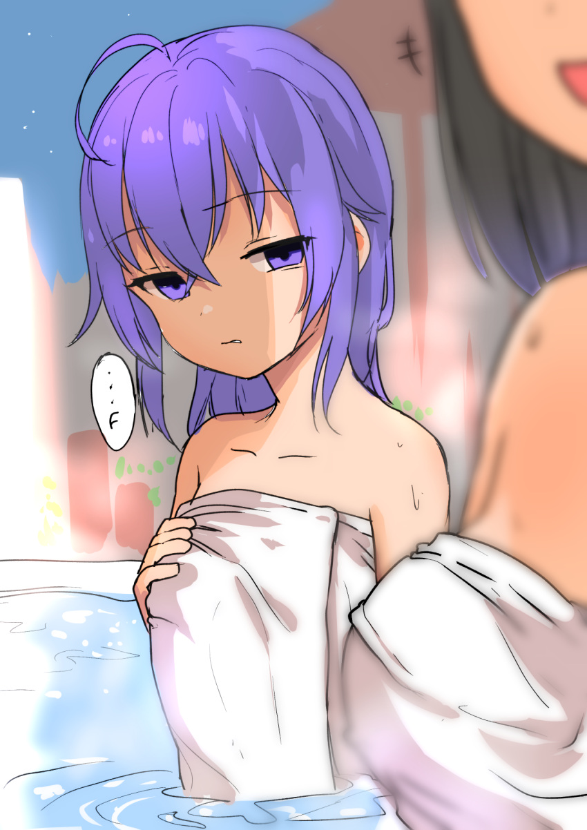 +++, 2girls, :d, ahoge, bangs, black_hair, blurry, blurry_foreground