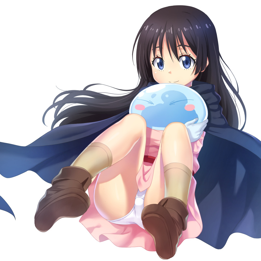 1girl, black_hair, blue_cloak, blue_eyes, blush_stickers, boots, brown_footwear, brown_legwear