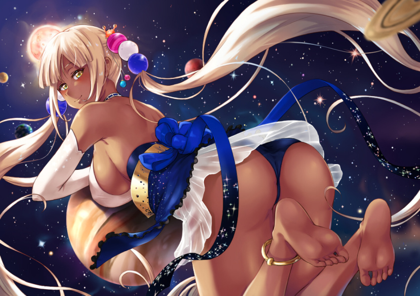 1girl, anklet, ass, bare_legs, barefoot, blonde_hair, blue_ribbon, blush, detached_sleeves, dress, from_behind, giant, giantess, hololive, hololive_english, jewelry, june_(ne_z_asa), jupiter_(planet), looking_at_viewer, looking_back, planet, ribbon, short_dress, sky, smile, soles, space, star_(sky), starry_sky, toes, tsukumo_sana, twintails