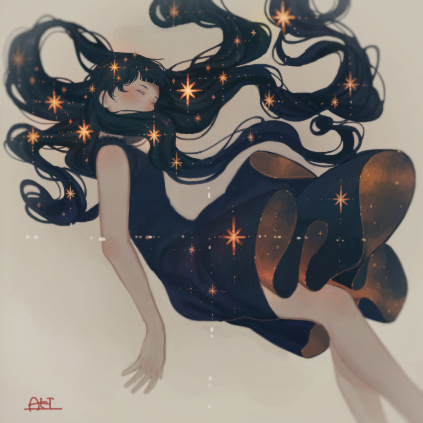 1girl, absurdres, aki_a0623, bangs, black_dress, black_hair, dress, floating
