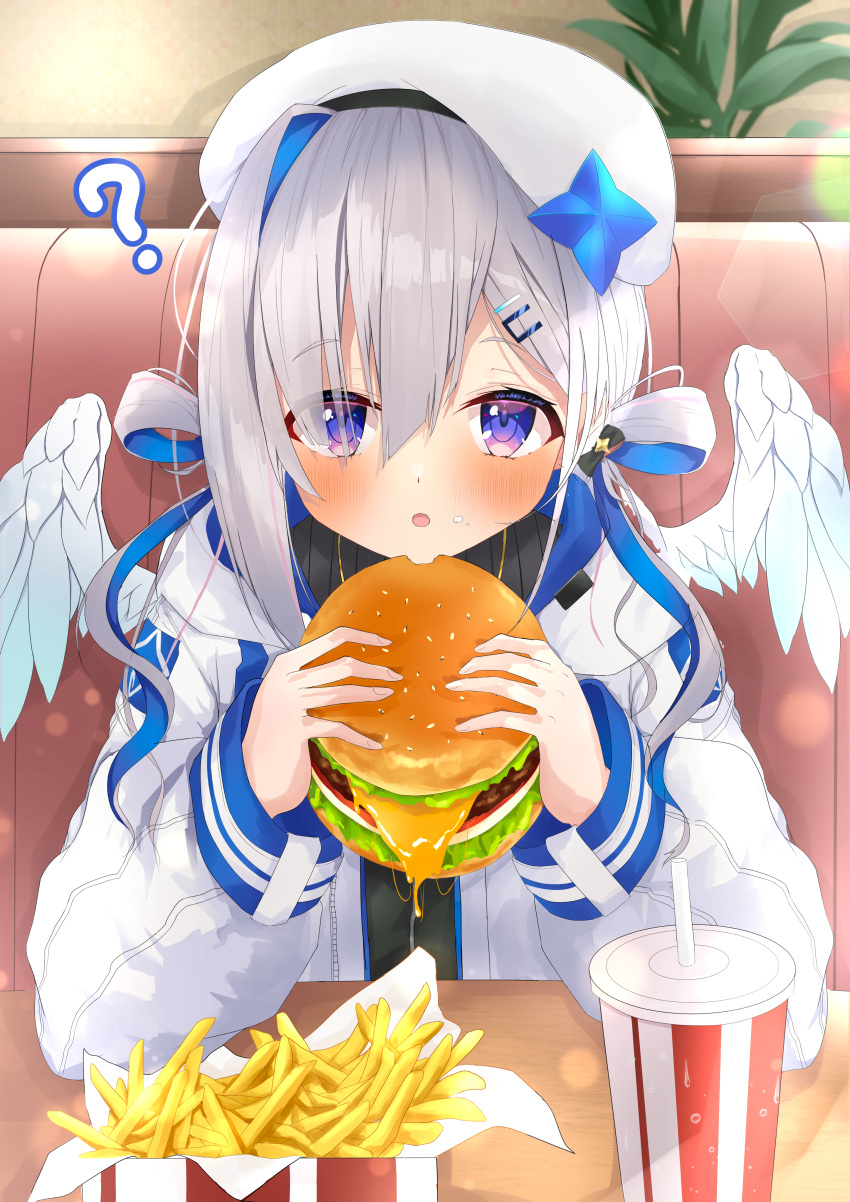 1girl, :o, ?, absurdres, amane_kanata, angel_wings, asymmetrical_bangs, azuremo