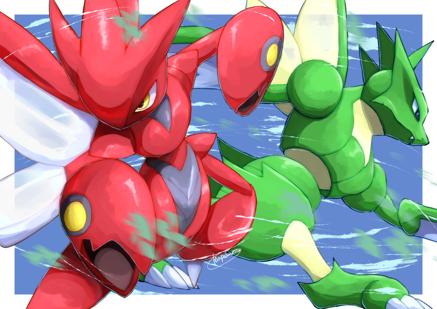 black_eyes, closed_mouth, commentary_request, fang, fang_out, highres, looking_down, no_humans, pokemon, pokemon_(creature), scizor, scyther, shiny, signature, tanpakuroom, yellow_eyes