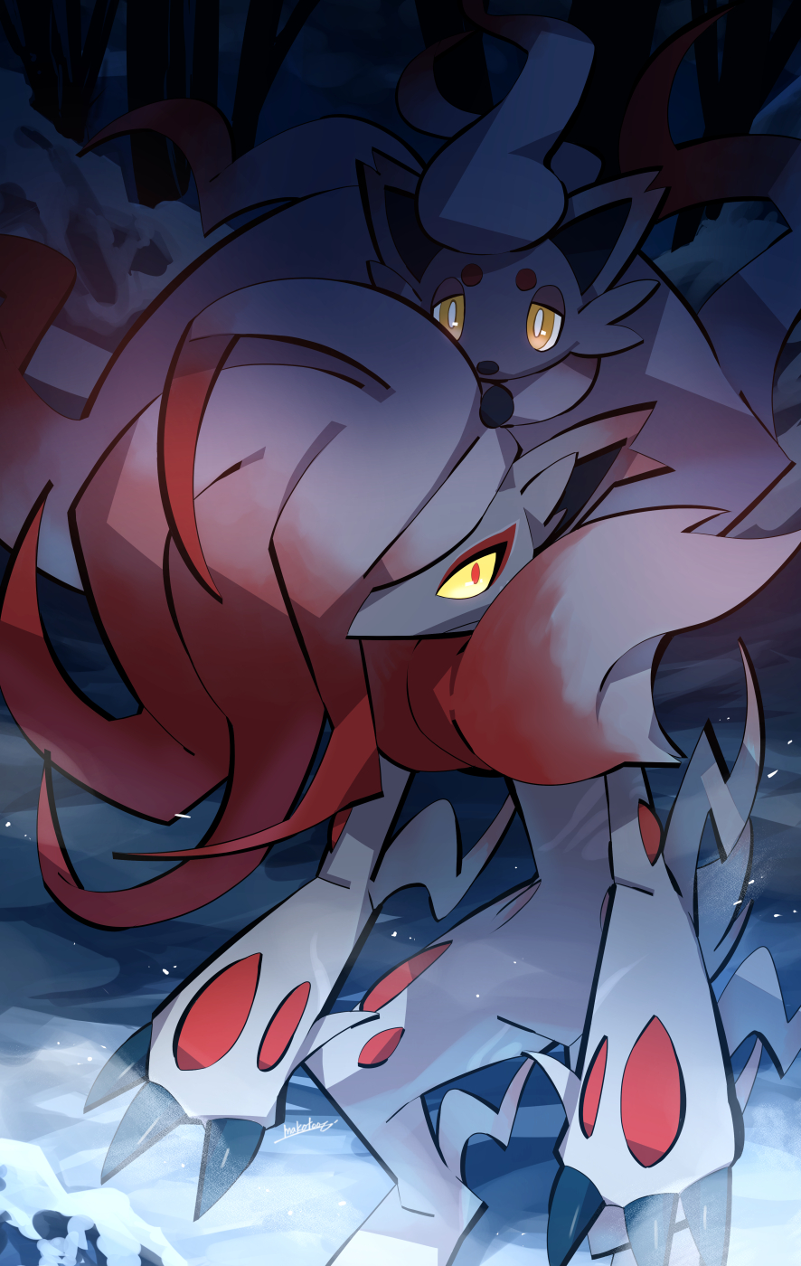 bright_pupils, claws, closed_mouth, commentary_request, evolutionary_line, frown, highres, hisuian_zoroark, hisuian_zorua, looking_at_viewer, makoto_ikemu, night, no_humans, outdoors, pokemon, pokemon_(creature), signature, snow, standing, white_pupils, yellow_eyes