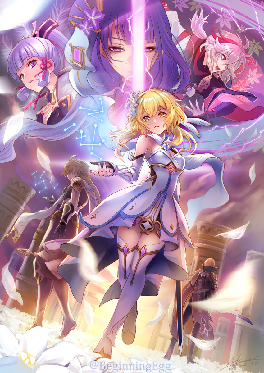 3boys, 3girls, aether_(genshin_impact), black_gloves, blonde_hair, blue_eyes, commentary_request, dainsleif_(genshin_impact)
