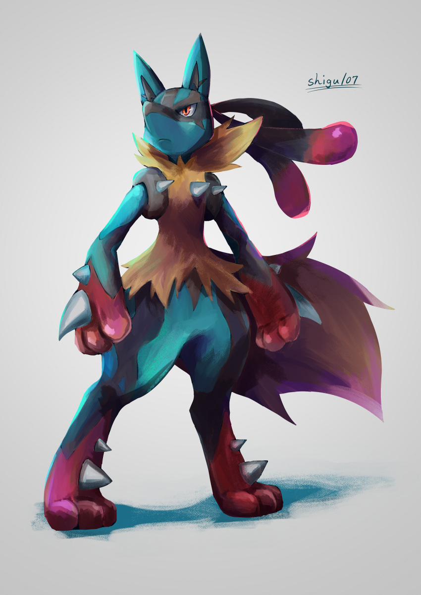 closed_mouth, commentary_request, frown, full_body, furry, grey_background, highres, legs_apart, looking_up, lucario, mega_lucario, mega_pokemon, orange_eyes, pokemon, pokemon_(creature), shigure_na_hito, solo, spikes, standing, toes, yellow_fur