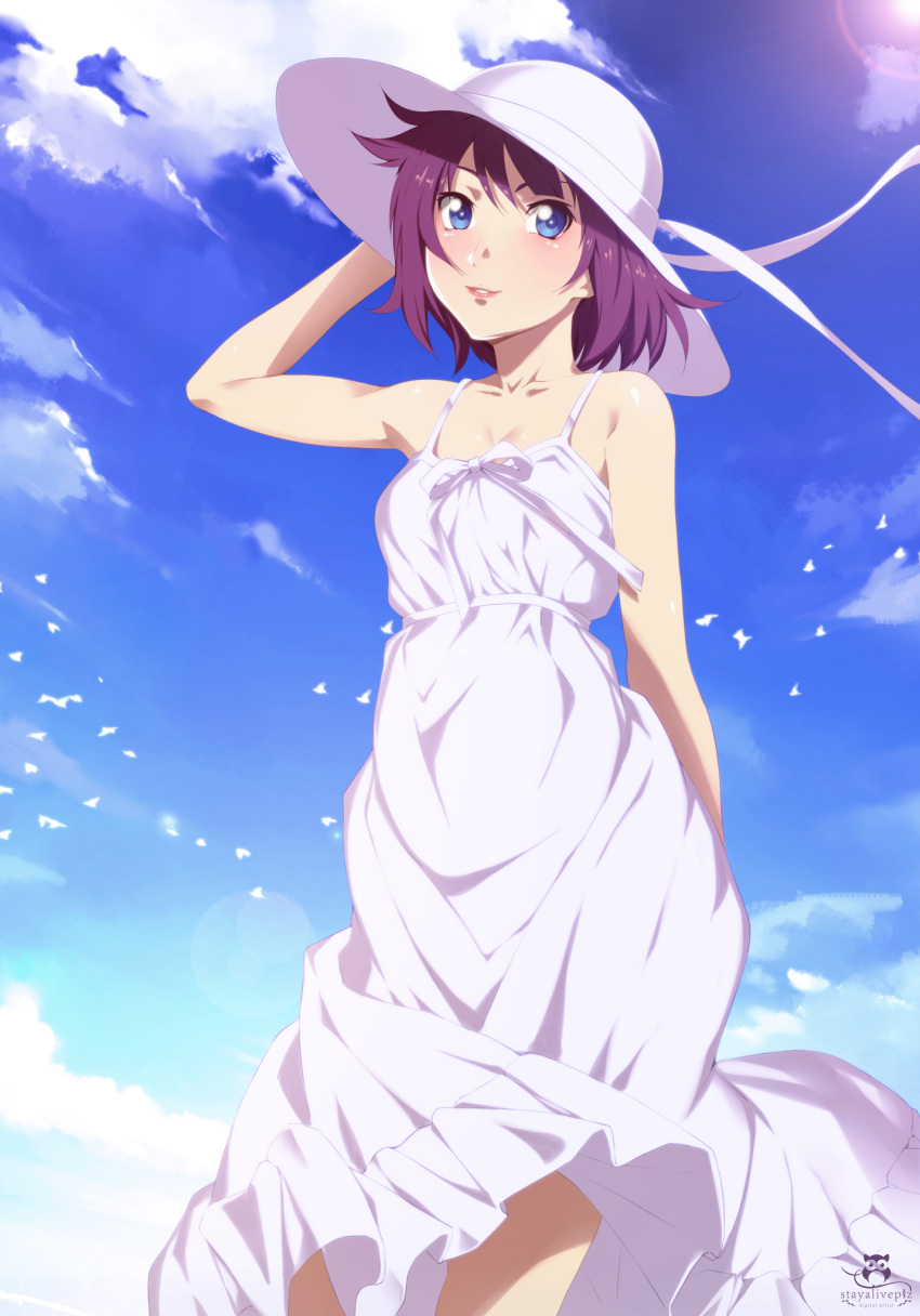 1girl, absurdres, bangs, bare_shoulders, blue_eyes, blue_sky, breasts, clouds