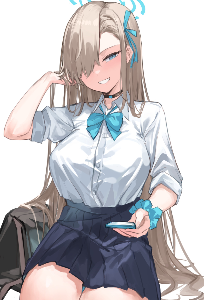 1girl, 7gao, aqua_bowtie, aqua_eyes, aqua_ribbon, asuna_(blue_archive), bangs, black_choker
