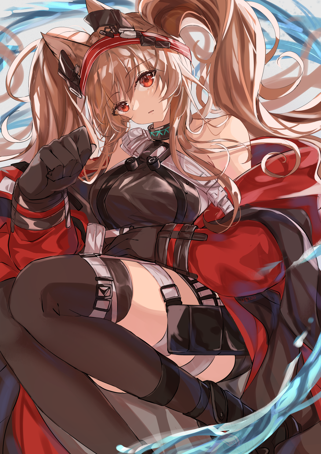 1girl, angelina_(arknights), angelina_(distinguished_visitor)_(arknights), animal_ears, arknights, bangs, bare_shoulders, black_choker, black_legwear, black_leotard, breasts, brown_hair, choker, coat, commentary_request, eyebrows_visible_through_hair, fox_ears, hairband, highres, infection_monitor_(arknights), large_breasts, leotard, long_hair, looking_at_viewer, off_shoulder, parted_lips, red_coat, red_eyes, red_hairband, solo, thigh-highs, thigh_strap, thighs, twintails, venn_(vebonbon)