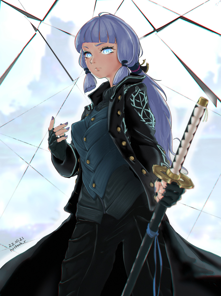 1girl, absurdres, bangs, blue_hair, blunt_bangs, closed_mouth, cosplay, crossover, devil_may_cry_(series), devil_may_cry_5, full_body, genshin_impact, glowing, glowing_eyes, highres, holding, holding_sword, holding_weapon, jacket, kamisato_ayaka, katana, looking_at_viewer, mole, mole_under_eye, ponytail, restech_r, sword, vergil_(devil_may_cry), vergil_(devil_may_cry)_(cosplay), weapon