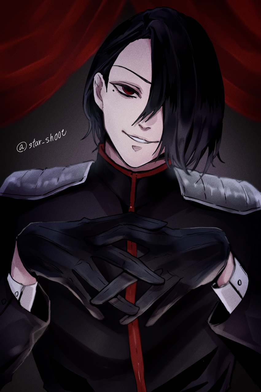 1boy, absurdres, artist_name, bangs, black_gloves, black_jacket, curtains, furuta_nimura