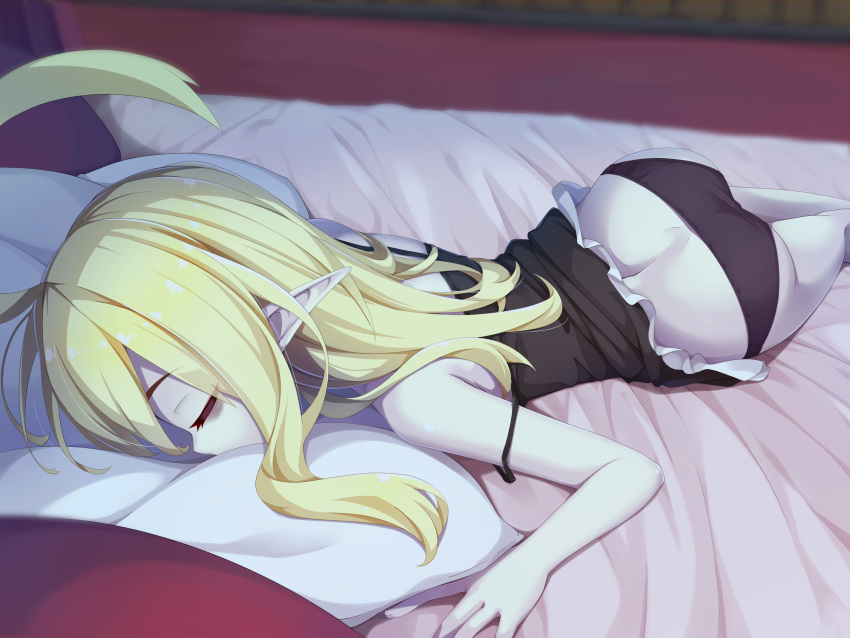 1girl, ahoge, airi_(ogami_kazuki), bags_under_eyes, black_panties, black_shirt, blonde_hair, camisole