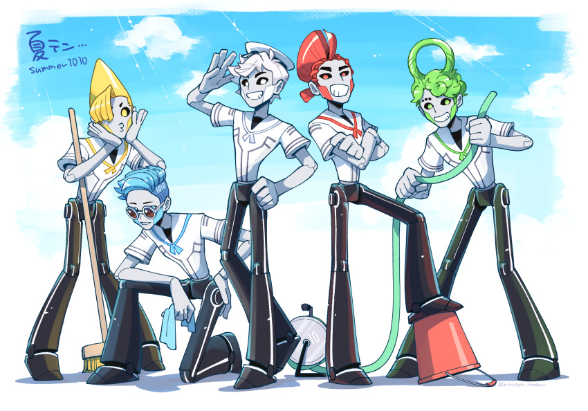 1010_(no_straight_roads), blue_1010, blue_sky, broom, clouds, commentary, day, english_text, green_1010, grin, hat, kinusaya_endow, no_straight_roads, red_1010, robot, robot_boy, sky, smile, standing, white_1010, yellow_1010