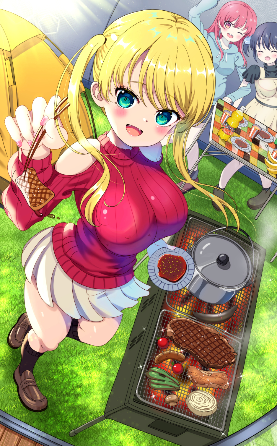 3girls, azumi_(mocha), bangs, bare_shoulders, black_legwear, blonde_hair, blue_hair, blush