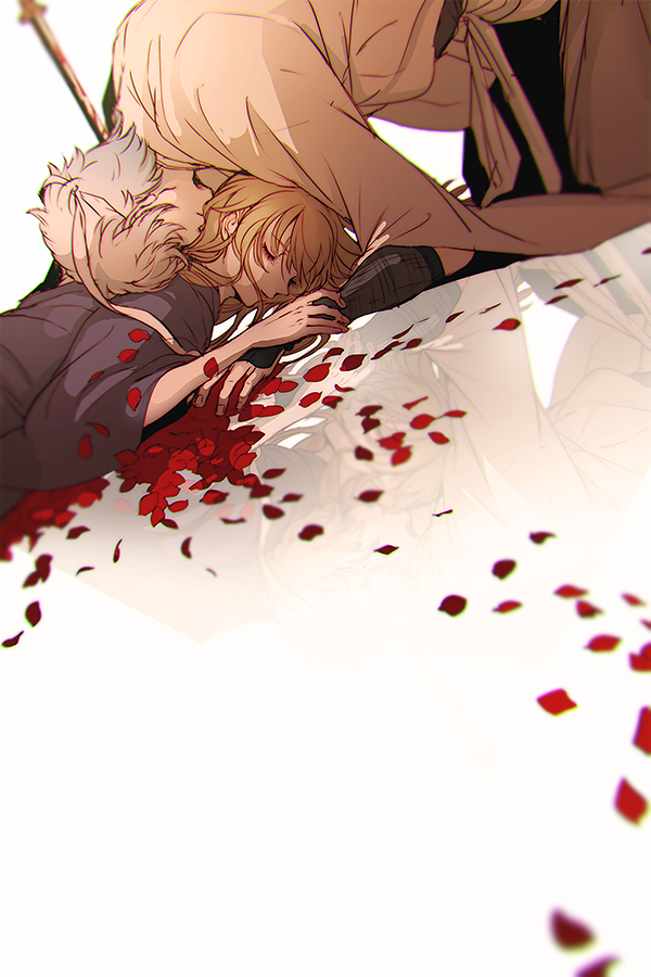 2boys, blood, blood_on_weapon, death, gintama, japanese_clothes, long_hair, lying