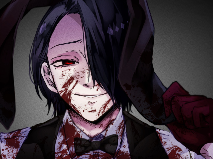 1boy, alternate_costume, animal_ears, bangs, black_hair, black_vest, blood, blood_on_clothes