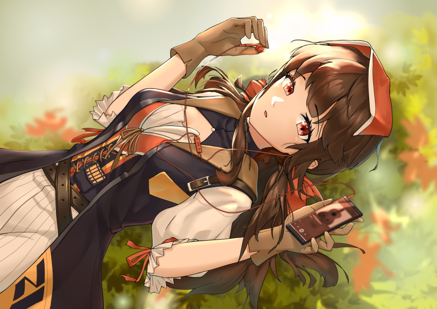 1girl, absurdres, autumn, autumn_leaves, black_hair, corset, digital_media_player, dress