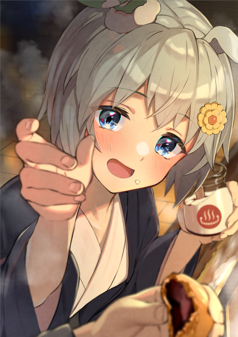 1girl, animal_ears, bangs, bath_yukata, blue_eyes, blurry, blurry_background, blush
