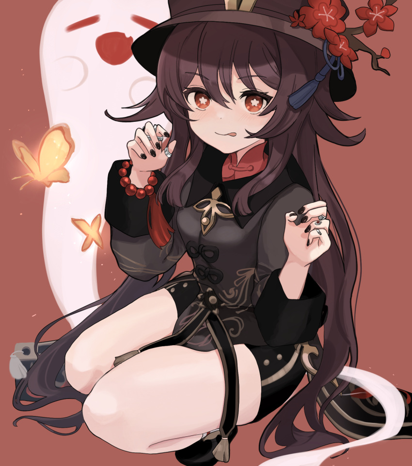 1girl, black_headwear, black_shorts, brown_hair, etoria, genshin_impact, ghost, hat