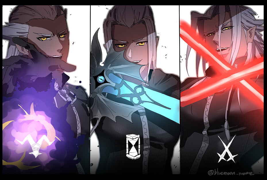 3boys, black_coat_(kingdom_hearts), dark-skinned_male, dark_skin, dual_wielding, energy_sword, hair_between_eyes, holding