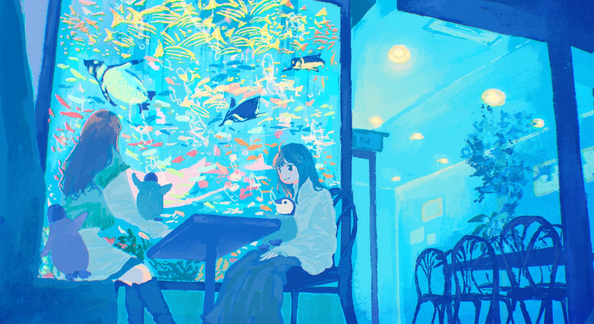 2girls, aquarium, bird, black_footwear, black_hair, black_skirt, blouse, blue_theme