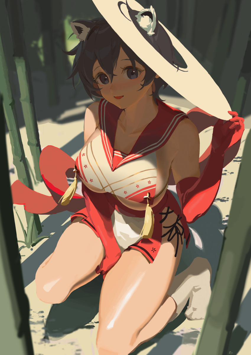 1girl, absurdres, animal_ears, arm_guards, black_hair, blue_archive, breast_curtain, breasts