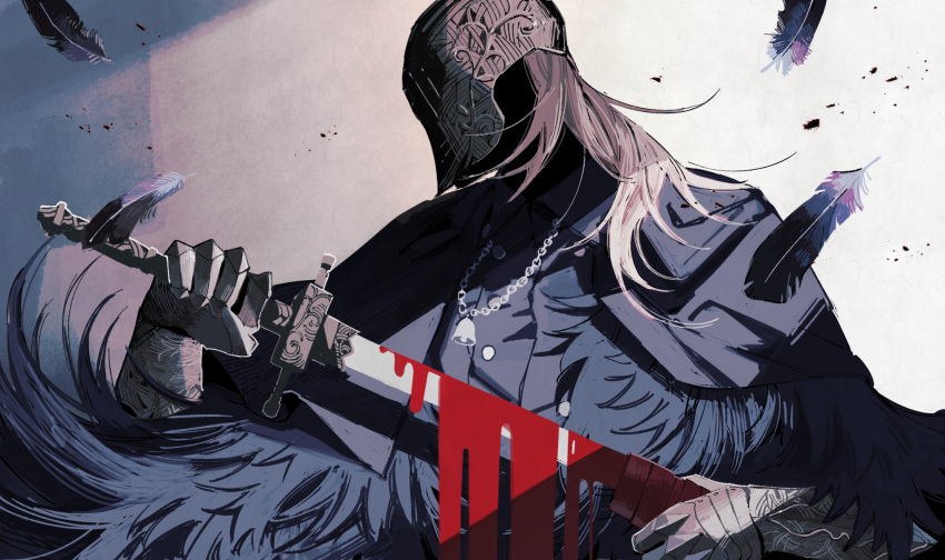 1boy, blood, blood_on_weapon, bloodborne, bloody_crow_of_cainhurst, gauntlets, helmet, highres