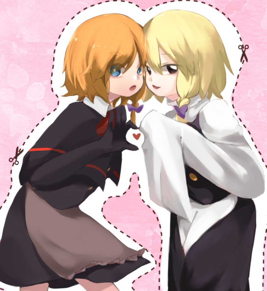 2girls, apron, bangs, black_capelet, black_eyes, black_gloves, black_skirt, black_vest, blonde_hair, blue_eyes, bow, braid, brown_apron, buttons, capelet, commentary_request, cookie_(touhou), dare_who_zzzz, dotted_line, elbow_gloves, eyebrows_visible_through_hair, eyes_visible_through_hair, feet_out_of_frame, gloves, hair_bow, heart, heart_hands, heart_hands_duo, highres, kirisame_marisa, looking_at_viewer, medium_hair, meguru_(cookie), multiple_girls, no_hat, no_headwear, open_mouth, purple_bow, scissors, shirt, side_braid, single_braid, skirt, sleeves_past_fingers, sleeves_past_wrists, smile, touhou, turtleneck, vest, waist_apron, white_shirt, yuuhi_(cookie)