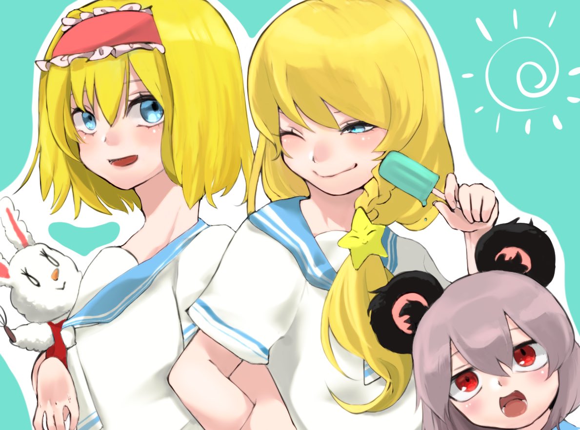 3girls, alice_margatroid, animal_ears, bangs, blonde_hair, blue_background, blue_eyes, braid, closed_mouth, commentary_request, cookie_(touhou), cowboy_shot, dare_who_zzzz, food, frilled_hairband, frills, hair_ornament, hairband, ichigo_(cookie), kirisame_marisa, locked_arms, long_hair, looking_at_viewer, looking_to_the_side, mouse_ears, mouse_girl, multiple_girls, nazrin, nyon_(cookie), one_eye_closed, open_mouth, popsicle, red_eyes, red_hairband, school_uniform, serafuku, short_hair, short_sleeves, side_braid, single_braid, smile, star_(symbol), star_hair_ornament, stuffed_animal, stuffed_bunny, stuffed_toy, suzu_(cookie), touhou, unusually_open_eyes, white_serafuku