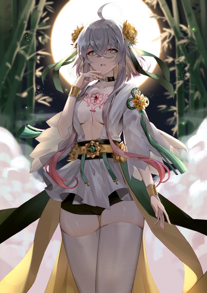 absurdres, ahoge, bamboo, bamboo_forest, bangs, black_choker, black_shorts, blush