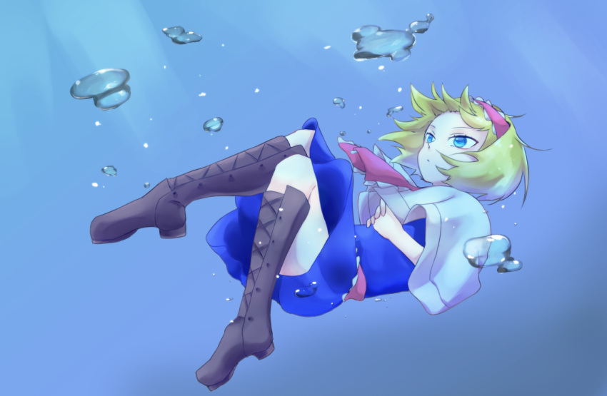 1girl, alice_margatroid, bangs, blonde_hair, blue_dress, blue_eyes, boots, brown_footwear