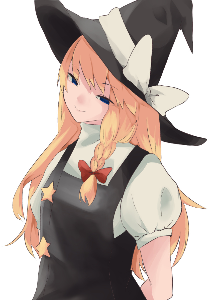 1girl, absurdres, arms_behind_back, bangs, black_headwear, black_vest, blonde_hair, blue_eyes