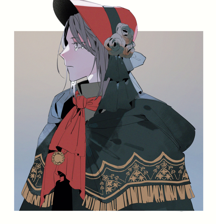 1girl, bloodborne, doll, flower, gold_trim, grey_eyes, grey_hair, grey_ribbon
