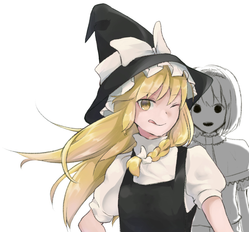 2girls, ;q, alice_margatroid, bangs, black_headwear, black_vest, blonde_hair, bow